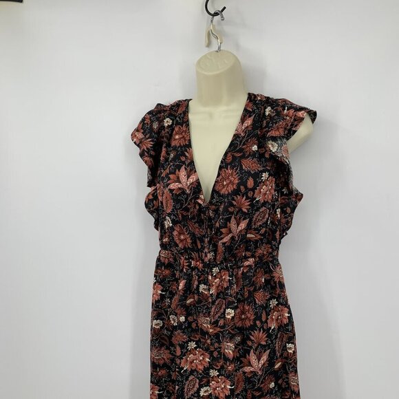 Madewell Deep V ruffled jumpsuit floral black brown wide leg flutter tie X-Large - Picture 3 of 6
